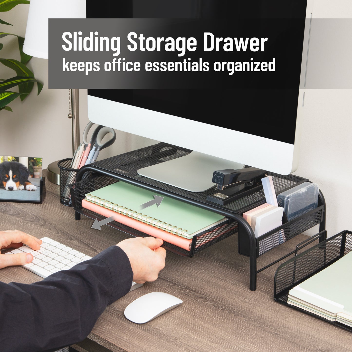 Mind Reader Monitor Stand, Ventilated Laptop Riser, Paper Tray, Storage, Office, Metal Mesh