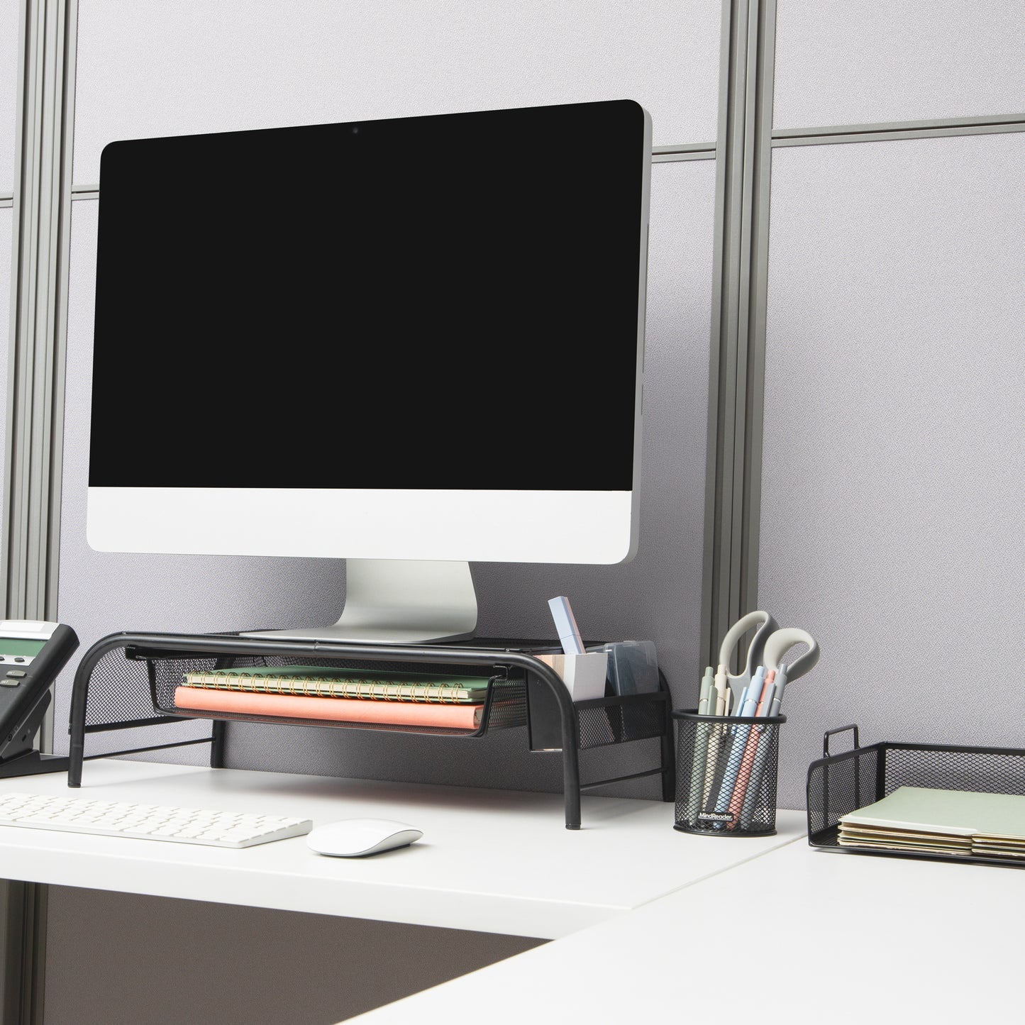 Mind Reader Monitor Stand, Ventilated Laptop Riser, Paper Tray, Storage, Office, Metal Mesh