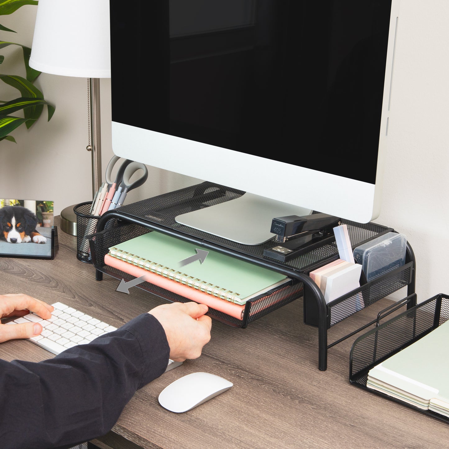 Mind Reader Monitor Stand, Ventilated Laptop Riser, Paper Tray, Storage, Office, Metal Mesh
