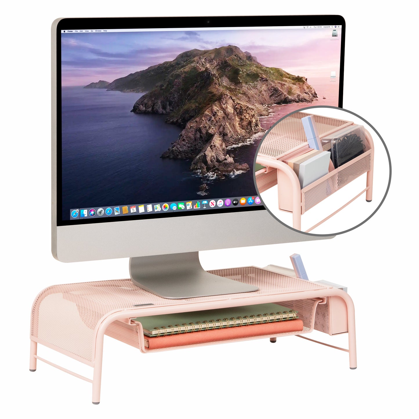 Mind Reader Monitor Stand, Ventilated Laptop Riser, Paper Tray, Storage, Office, Metal Mesh