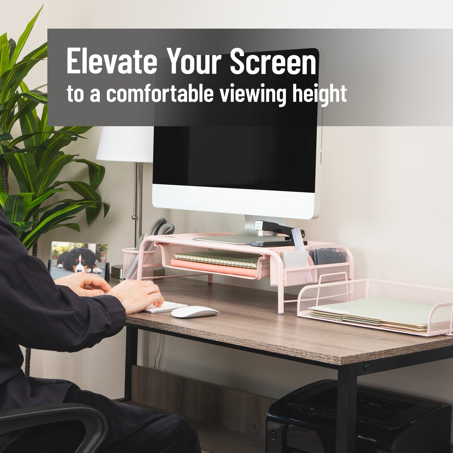 Mind Reader Monitor Stand, Ventilated Laptop Riser, Paper Tray, Storage, Office, Metal Mesh