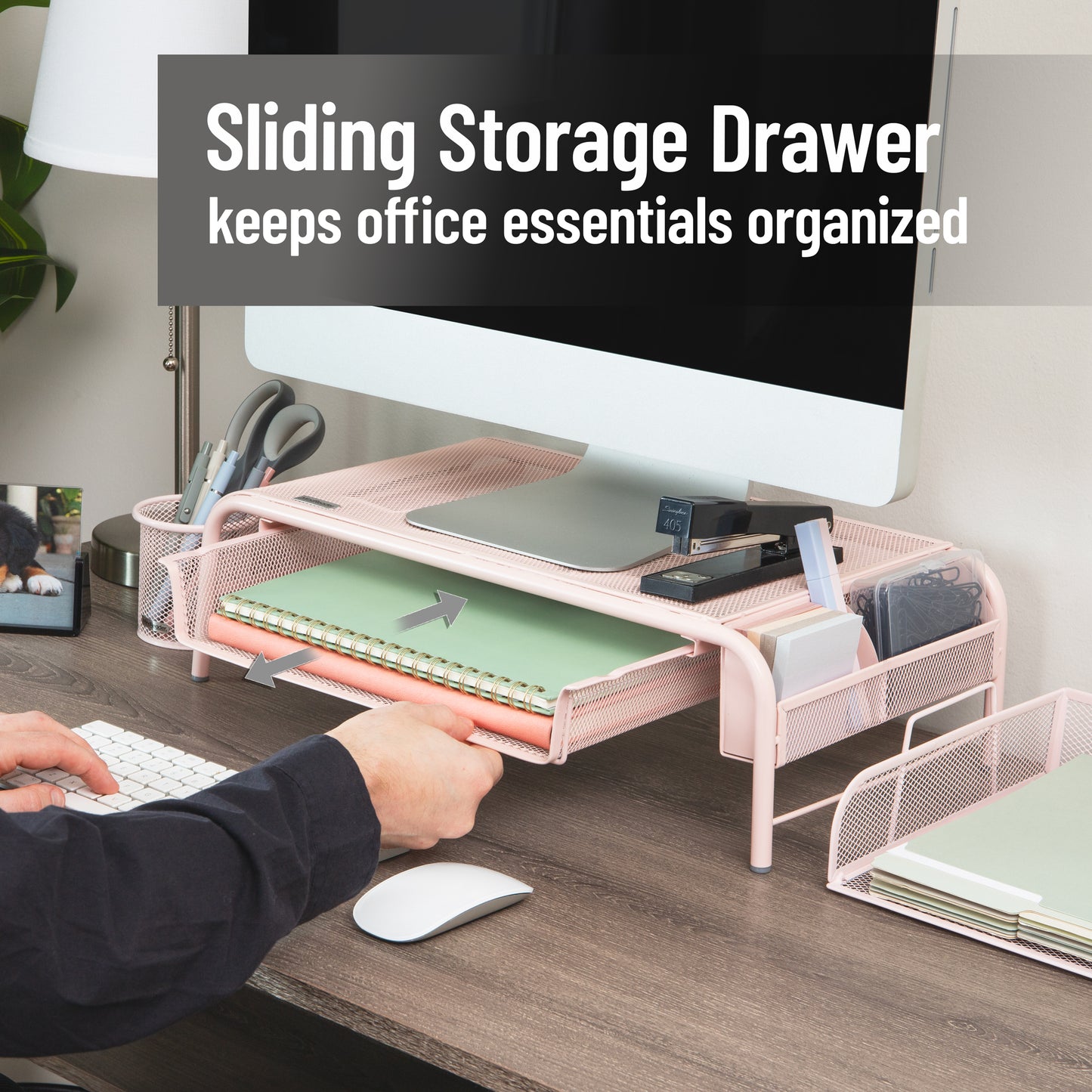 Mind Reader Monitor Stand, Ventilated Laptop Riser, Paper Tray, Storage, Office, Metal Mesh