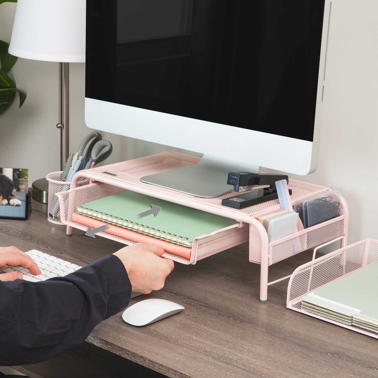 Mind Reader Monitor Stand, Ventilated Laptop Riser, Paper Tray, Storage, Office, Metal Mesh