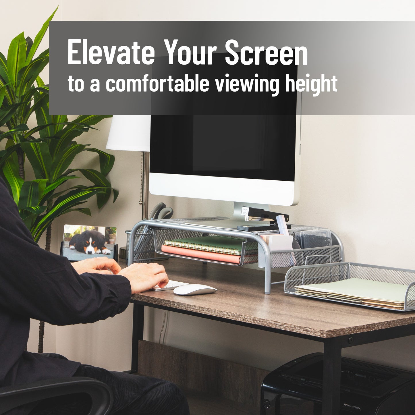 Mind Reader Monitor Stand, Ventilated Laptop Riser, Paper Tray, Storage, Office, Metal Mesh