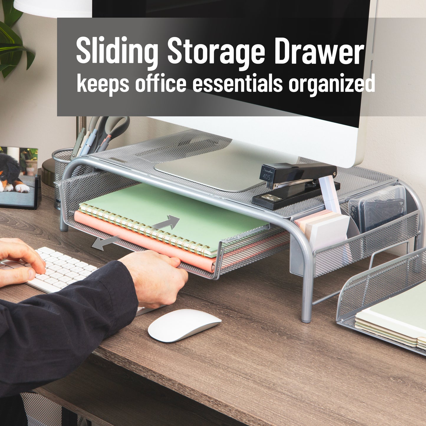 Mind Reader Monitor Stand, Ventilated Laptop Riser, Paper Tray, Storage, Office, Metal Mesh