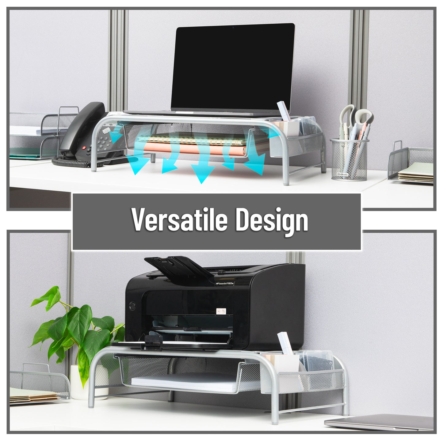 Mind Reader Monitor Stand, Ventilated Laptop Riser, Paper Tray, Storage, Office, Metal Mesh