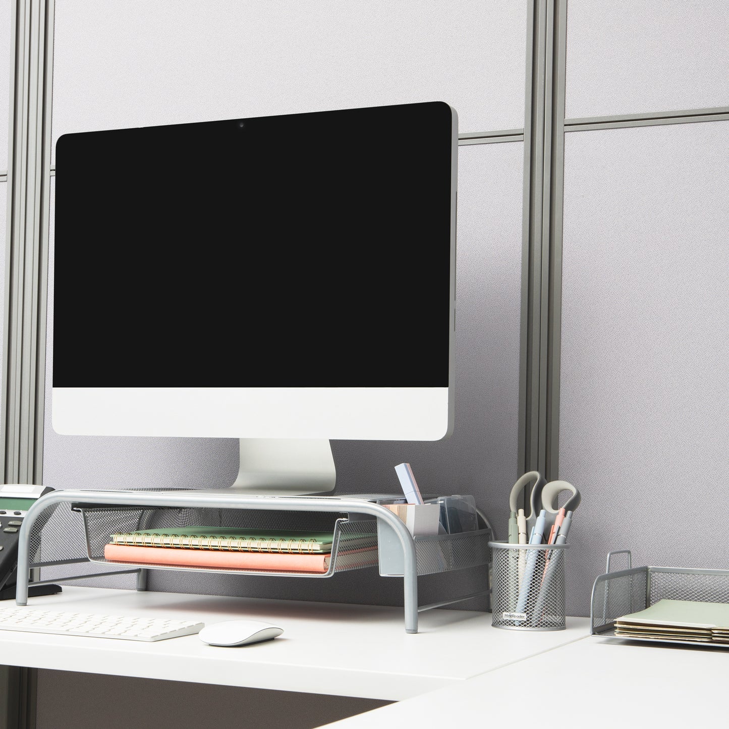 Mind Reader Monitor Stand, Ventilated Laptop Riser, Paper Tray, Storage, Office, Metal Mesh