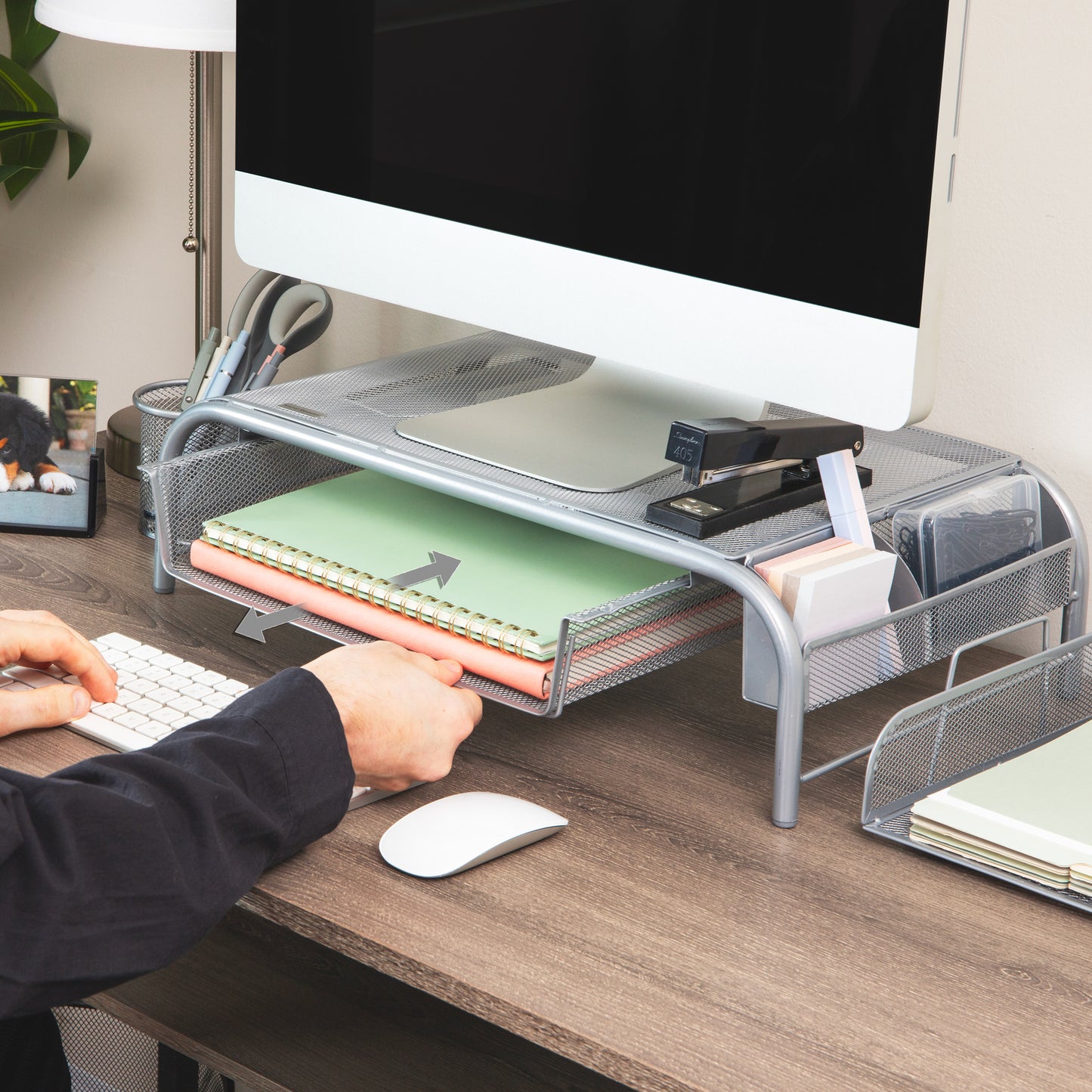 Mind Reader Monitor Stand, Ventilated Laptop Riser, Paper Tray, Storage, Office, Metal Mesh