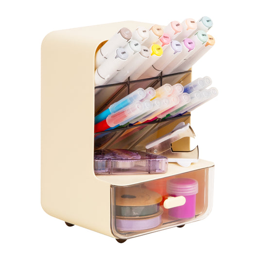Mind Reader Compact Craft Supply Organizer with Drawer, 6 Slanted Compartments, Non-Skid Feet, Desktop Storage for Markers, Pens, Tools & Art Essentials, Plastic, White