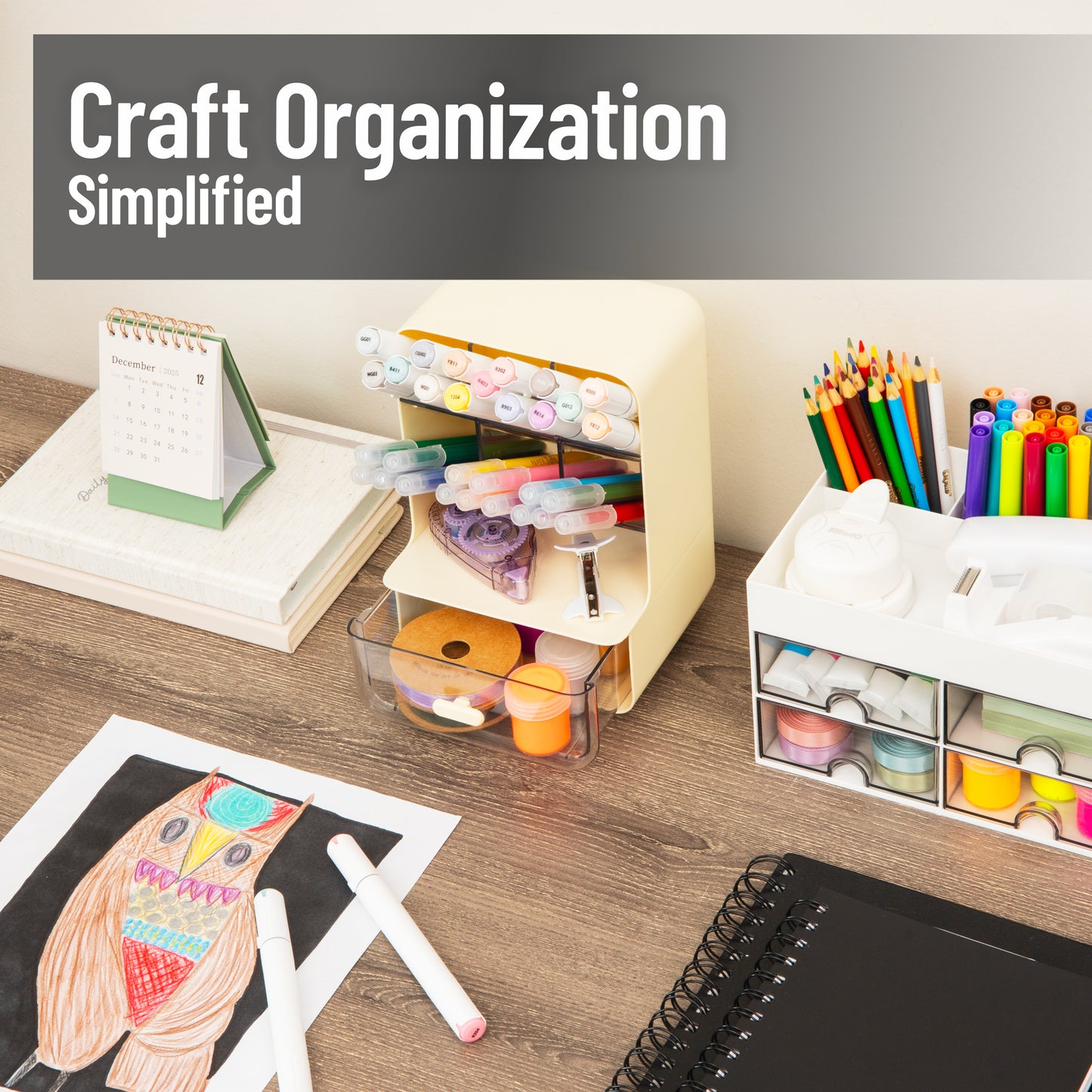 Mind Reader Compact Craft Supply Organizer with Drawer, 6 Slanted Compartments, Non-Skid Feet, Desktop Storage for Markers, Pens, Tools & Art Essentials, Plastic, White