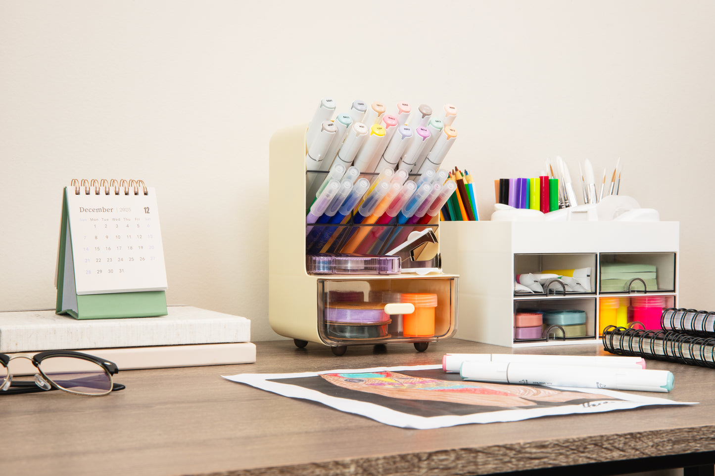 Mind Reader Compact Craft Supply Organizer with Drawer, 6 Slanted Compartments, Non-Skid Feet, Desktop Storage for Markers, Pens, Tools & Art Essentials, Plastic, White