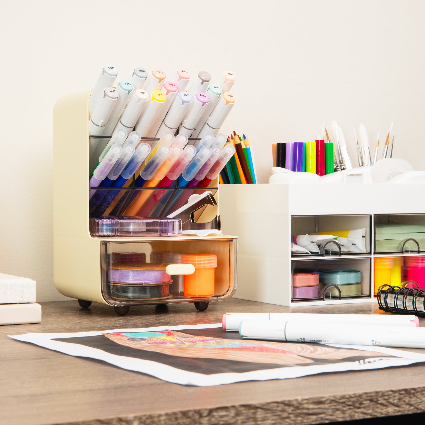 Mind Reader Compact Craft Supply Organizer with Drawer, 6 Slanted Compartments, Non-Skid Feet, Desktop Storage for Markers, Pens, Tools & Art Essentials, Plastic, White