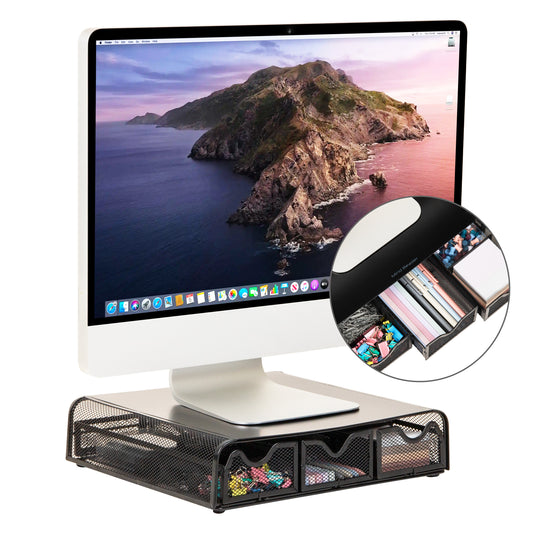 Mind Reader Monitor Stand with Drawers, Ventilated Metal Mesh Laptop Riser, Desktop Organizer with Storage, Holds up to 22 lbs, Black