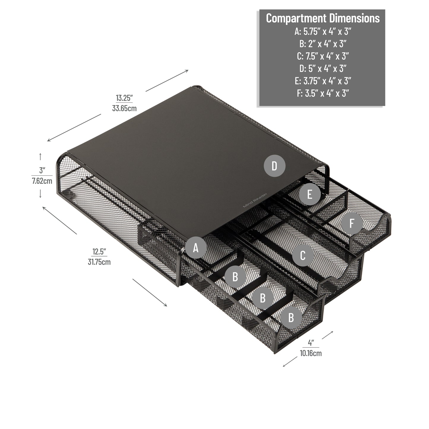 Mind Reader Monitor Stand with Drawers, Ventilated Metal Mesh Laptop Riser, Desktop Organizer with Storage, Holds up to 22 lbs, Black