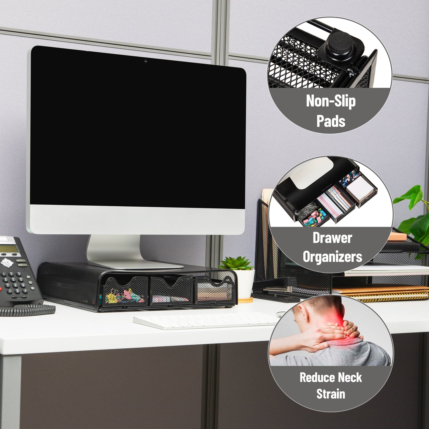 Mind Reader Monitor Stand with Drawers, Ventilated Metal Mesh Laptop Riser, Desktop Organizer with Storage, Holds up to 22 lbs, Black