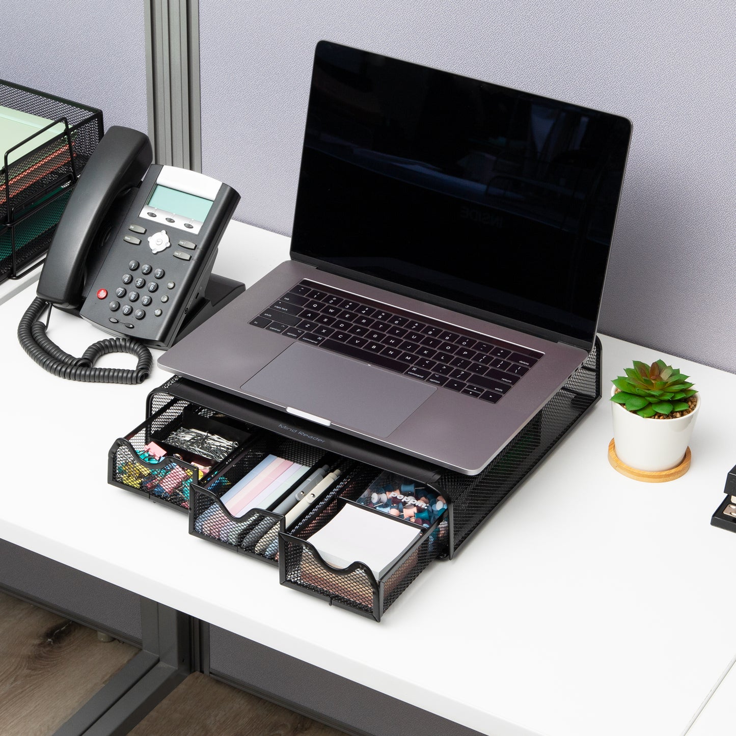 Mind Reader Monitor Stand with Drawers, Ventilated Metal Mesh Laptop Riser, Desktop Organizer with Storage, Holds up to 22 lbs, Black