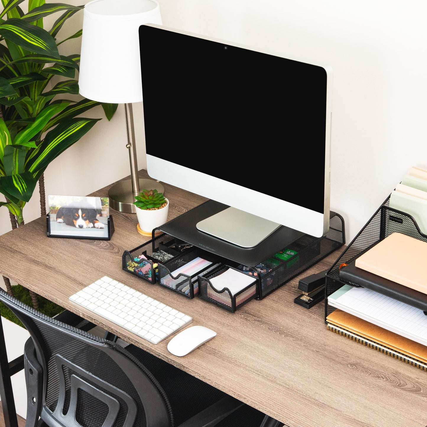 Mind Reader Monitor Stand with Drawers, Ventilated Metal Mesh Laptop Riser, Desktop Organizer with Storage, Holds up to 22 lbs, Black