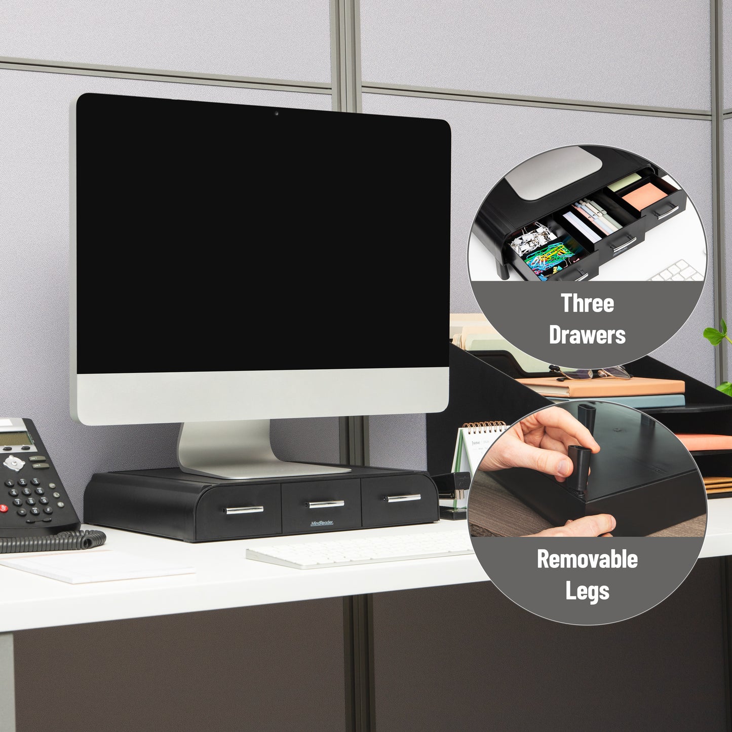 Mind Reader Monitor Stand, 3 Storage Drawers, Desktop Organizer, Riser, Office, 13.5"L x 13"W x 4"H