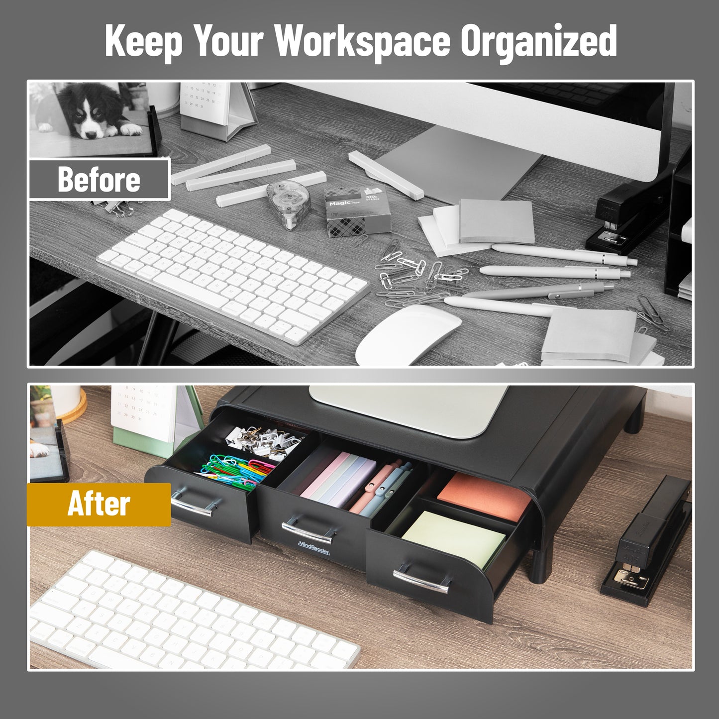 Mind Reader Monitor Stand, 3 Storage Drawers, Desktop Organizer, Riser, Office, 13.5"L x 13"W x 4"H