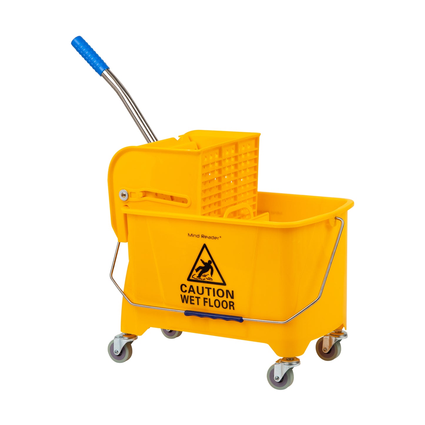 Mind Reader Mop Bucket with Wringer, 22 Qt (5.5 Gallon), Floor Cleaning, Handle, Wheels, 16.25"L x 10.75"W x 24.5"H, Yellow