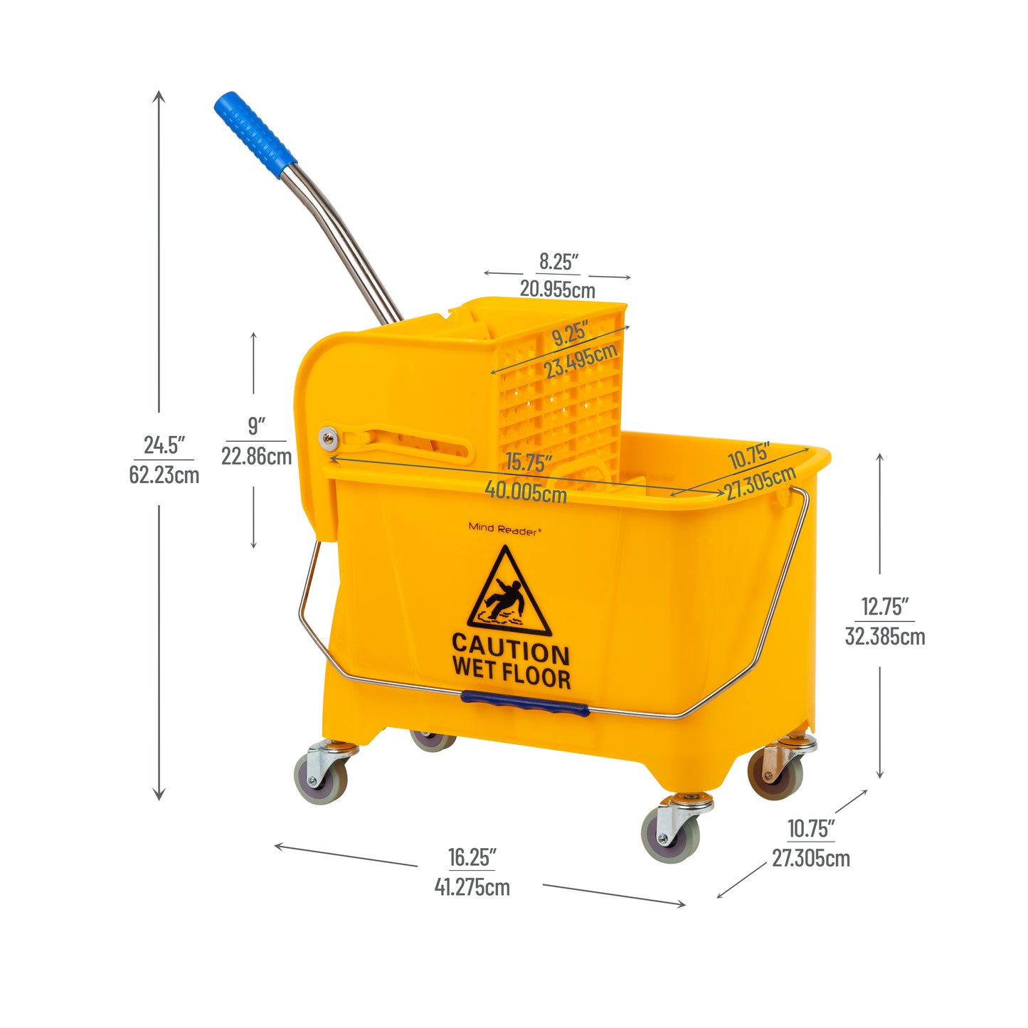 Mind Reader Mop Bucket with Wringer, 22 Qt (5.5 Gallon), Floor Cleaning, Handle, Wheels, 16.25"L x 10.75"W x 24.5"H, Yellow