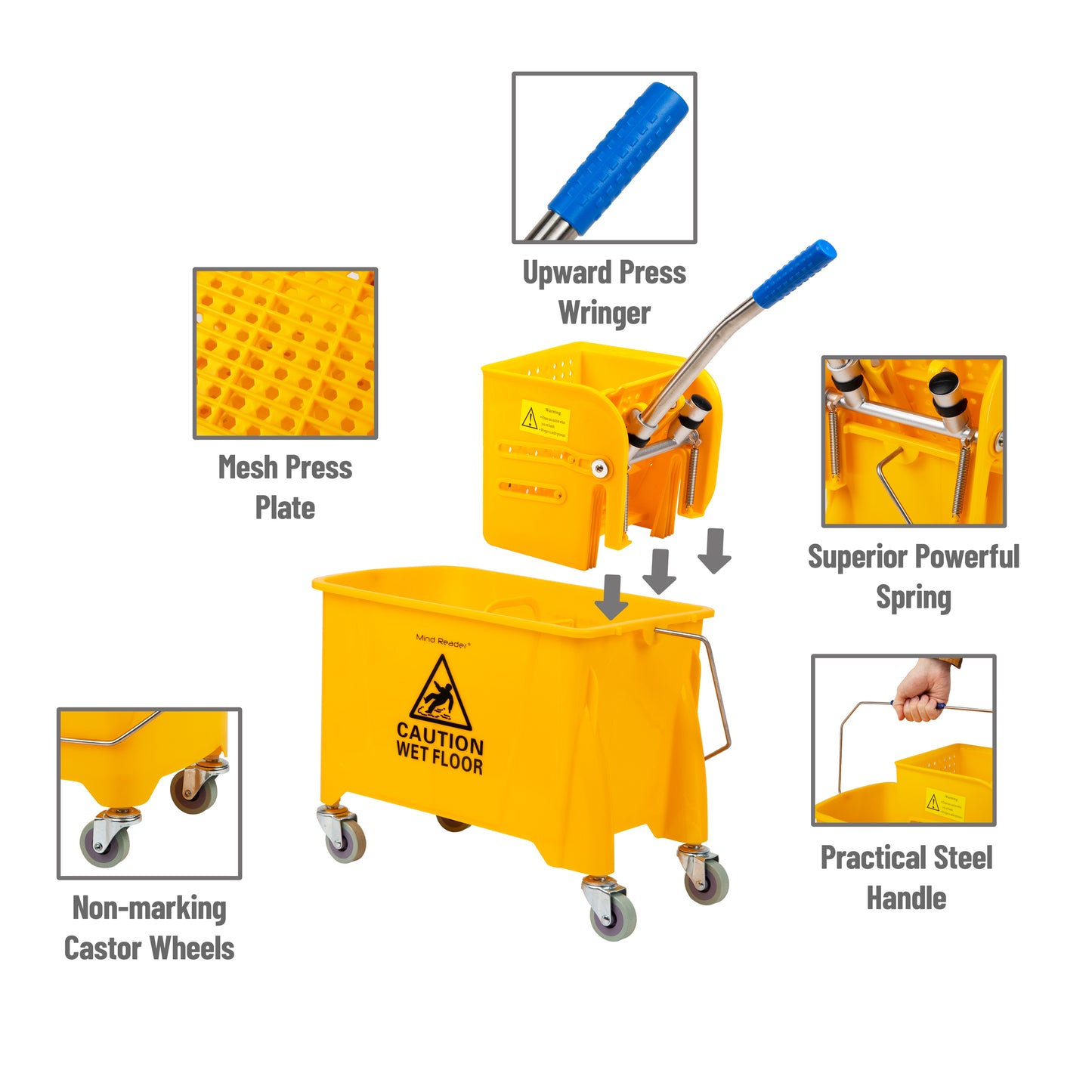 Mind Reader Mop Bucket with Wringer, 22 Qt (5.5 Gallon), Floor Cleaning, Handle, Wheels, 16.25"L x 10.75"W x 24.5"H, Yellow