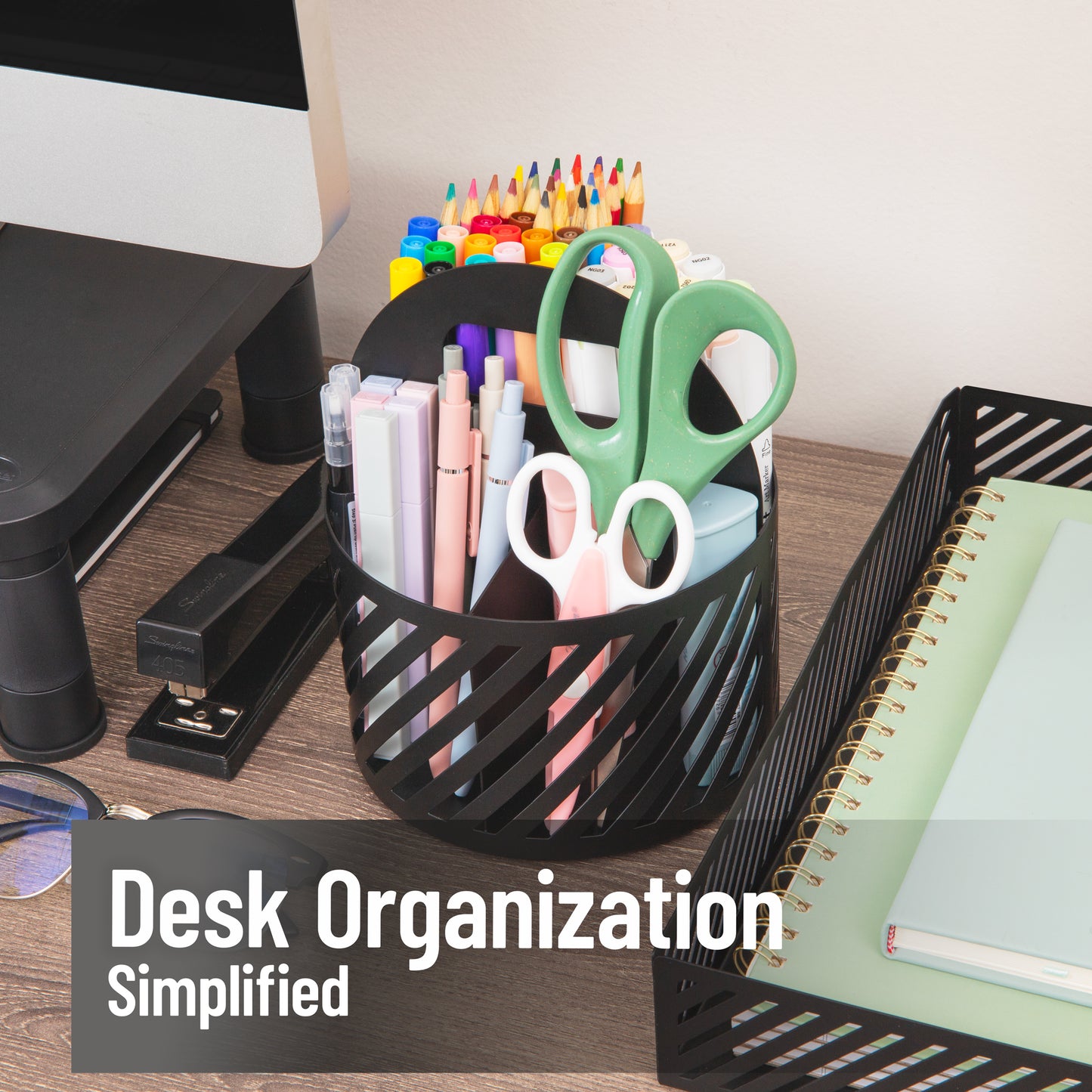 Mind Reader Round Metal Desktop Carousel Organizer with Handle, Four Compartments, Office Supplies and Accessories, Metal