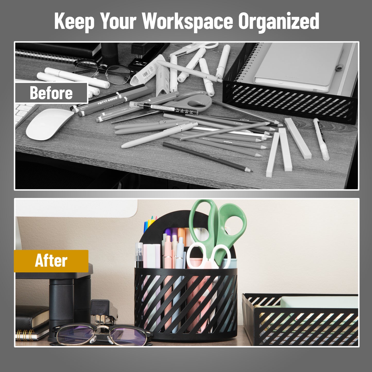 Mind Reader Round Metal Desktop Carousel Organizer with Handle, Four Compartments, Office Supplies and Accessories, Metal