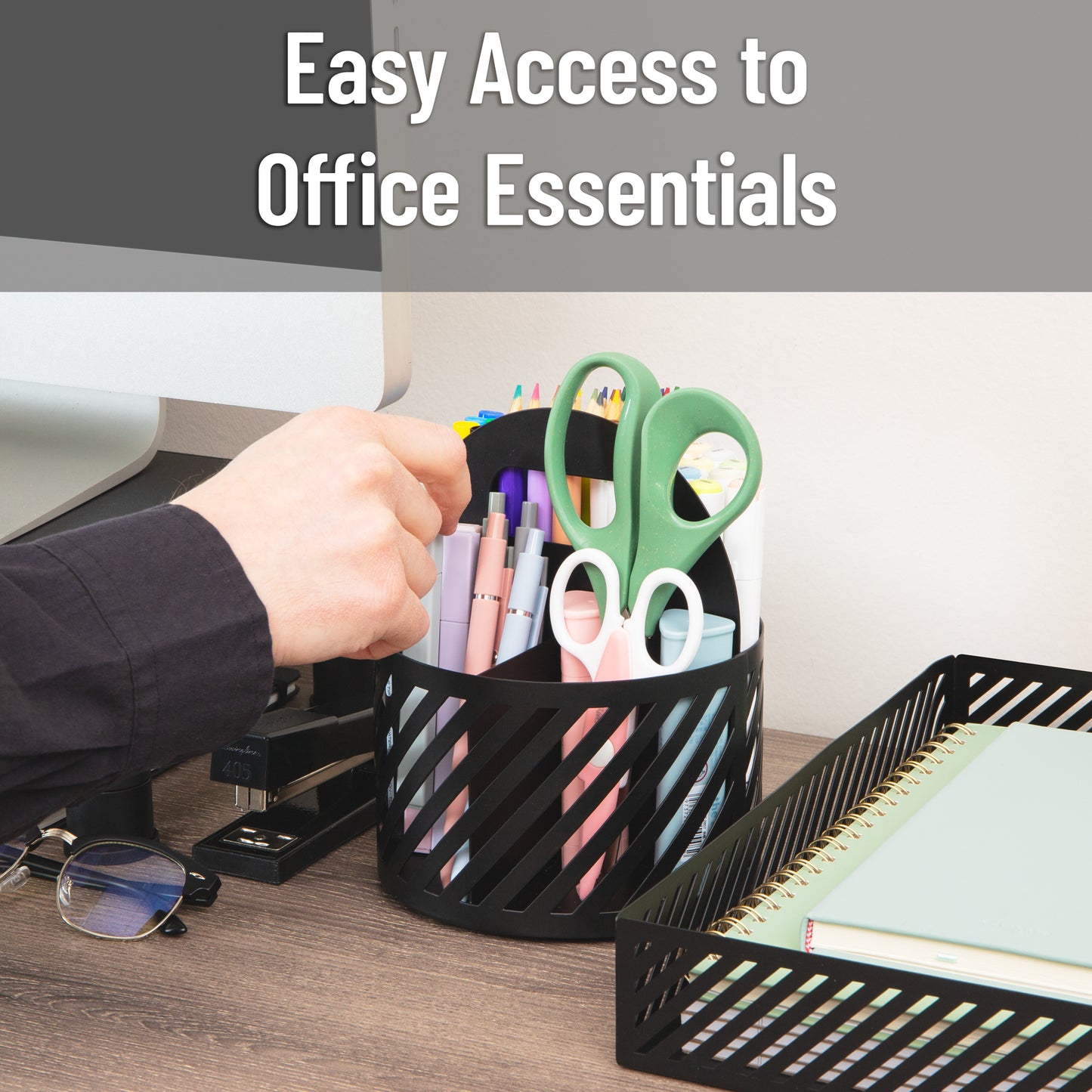 Mind Reader Round Metal Desktop Carousel Organizer with Handle, Four Compartments, Office Supplies and Accessories, Metal