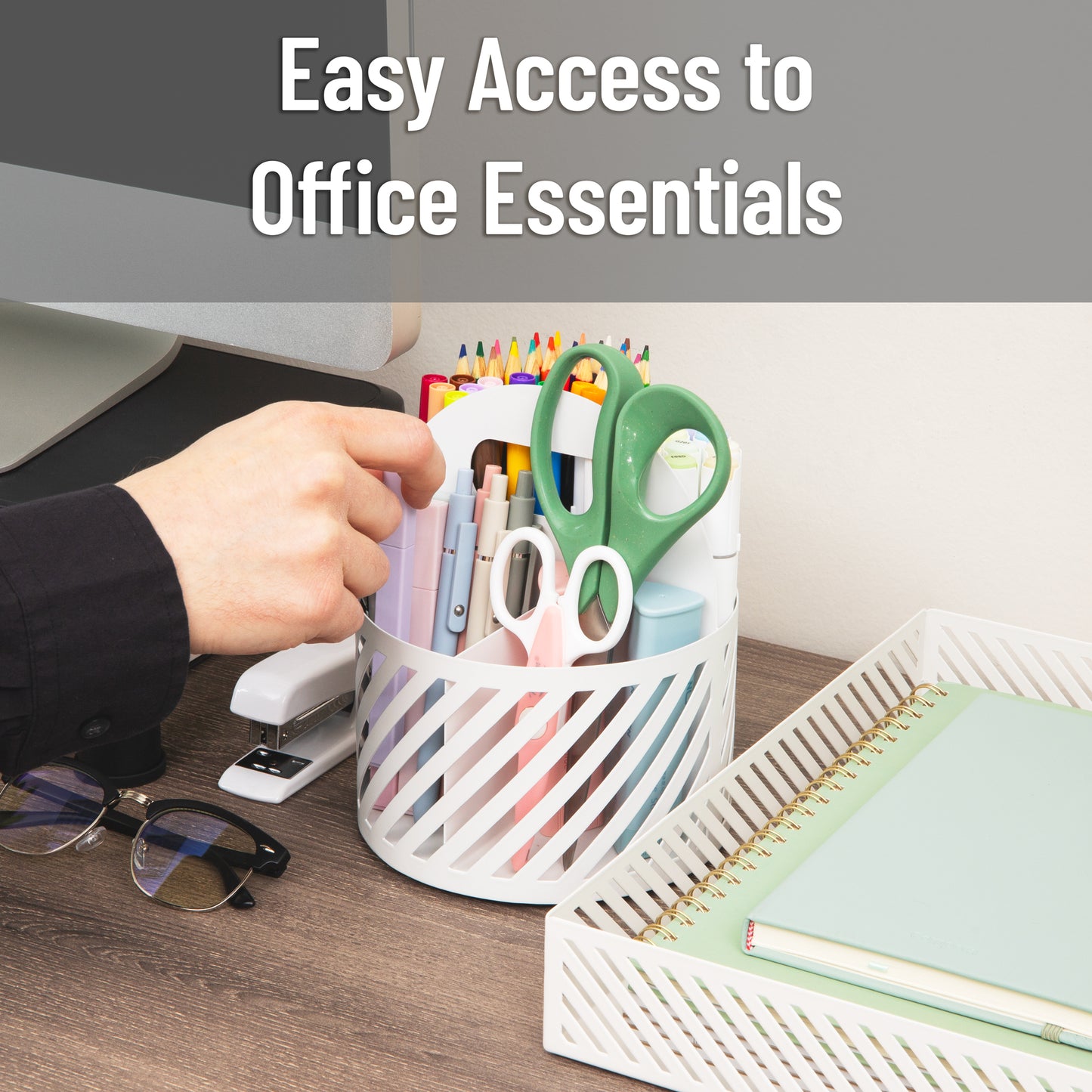 Mind Reader Round Metal Desktop Carousel Organizer with Handle, Four Compartments, Office Supplies and Accessories, Metal