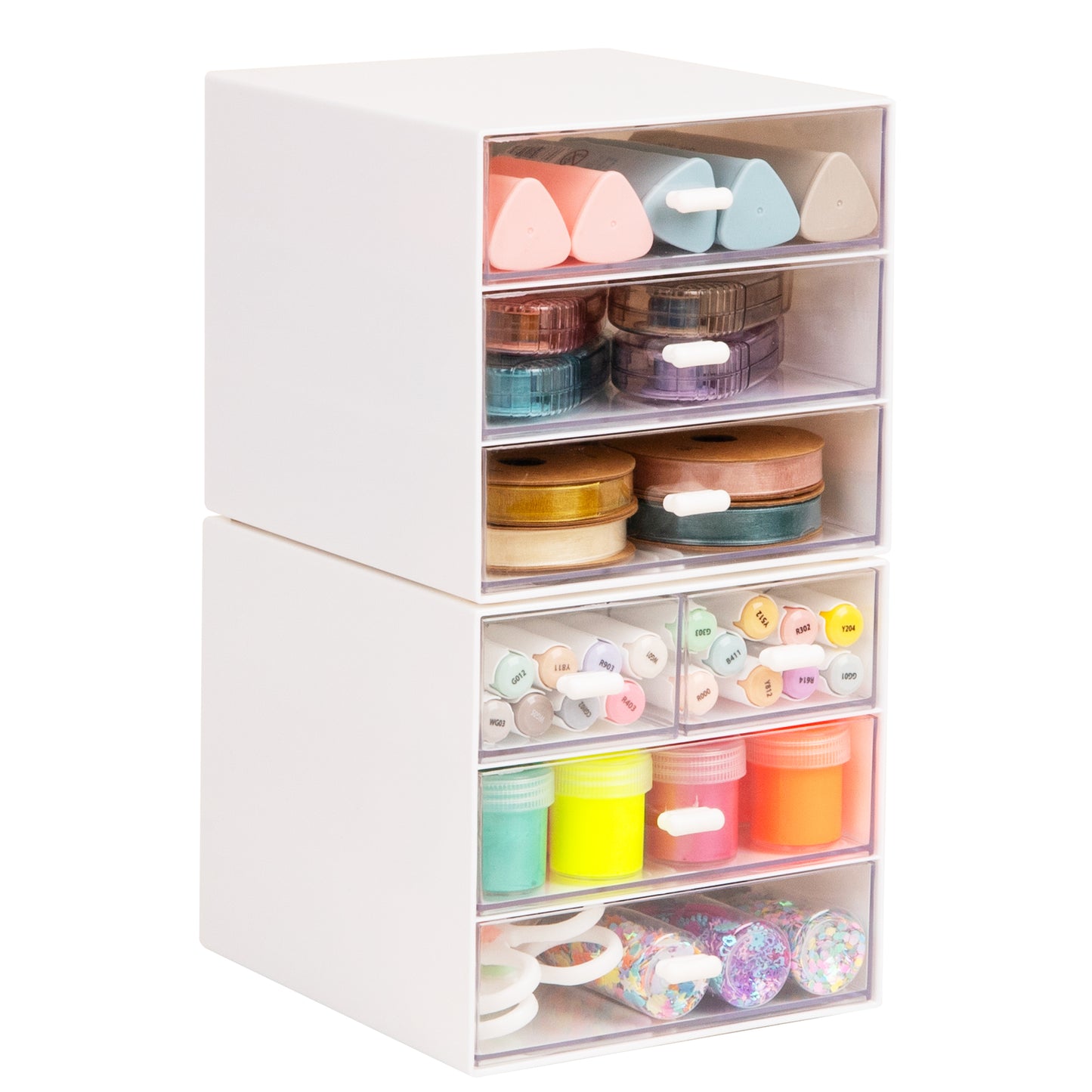 Mind Reader Stackable Craft Supply Organizer, 6 Drawer Desktop Storage with Clear Drawers, Plastic, Set of 2, White