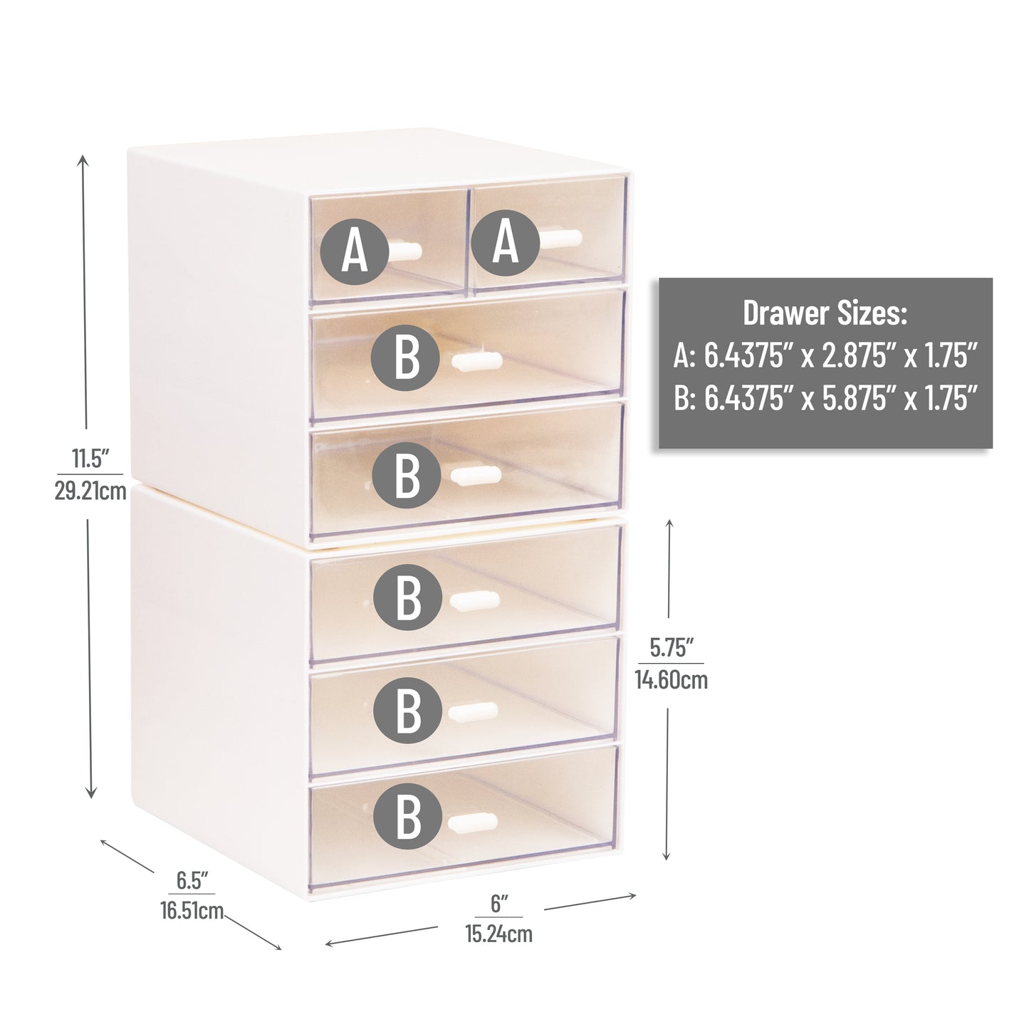 Mind Reader Stackable Craft Supply Organizer, 6 Drawer Desktop Storage with Clear Drawers, Plastic, Set of 2, White