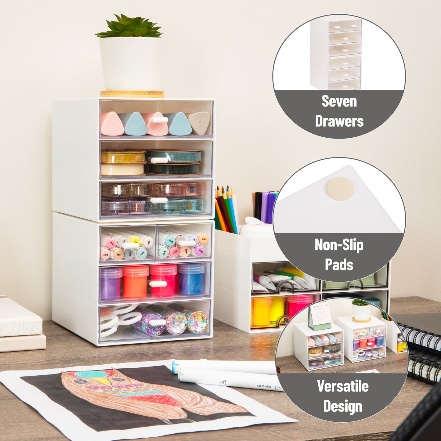 Mind Reader Stackable Craft Supply Organizer, 6 Drawer Desktop Storage with Clear Drawers, Plastic, Set of 2, White
