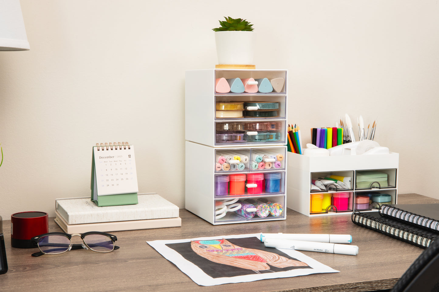 Mind Reader Stackable Craft Supply Organizer, 6 Drawer Desktop Storage with Clear Drawers, Plastic, Set of 2, White