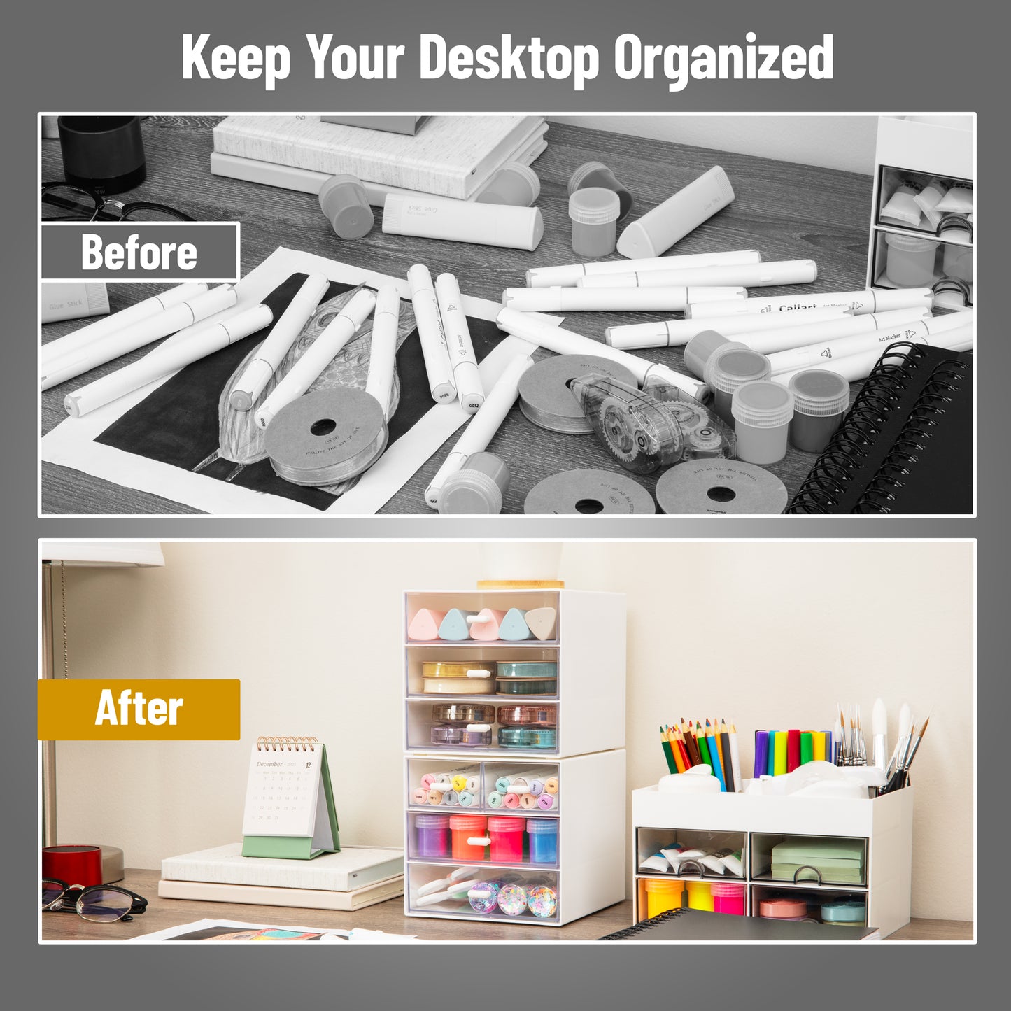 Mind Reader Stackable Craft Supply Organizer, 6 Drawer Desktop Storage with Clear Drawers, Plastic, Set of 2, White