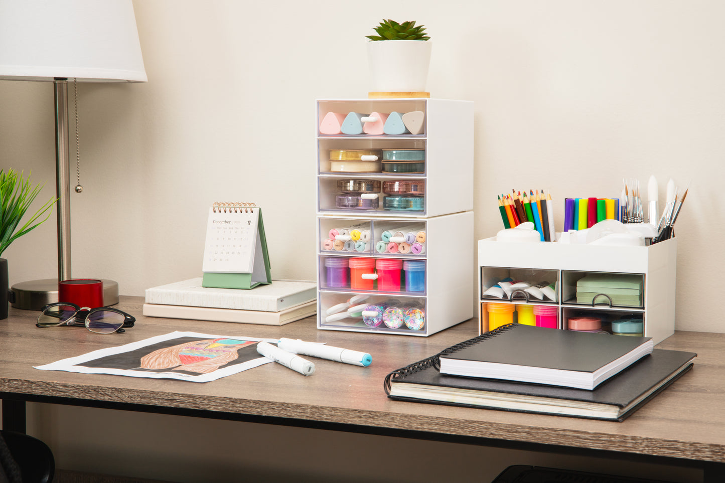 Mind Reader Stackable Craft Supply Organizer, 6 Drawer Desktop Storage with Clear Drawers, Plastic, Set of 2, White