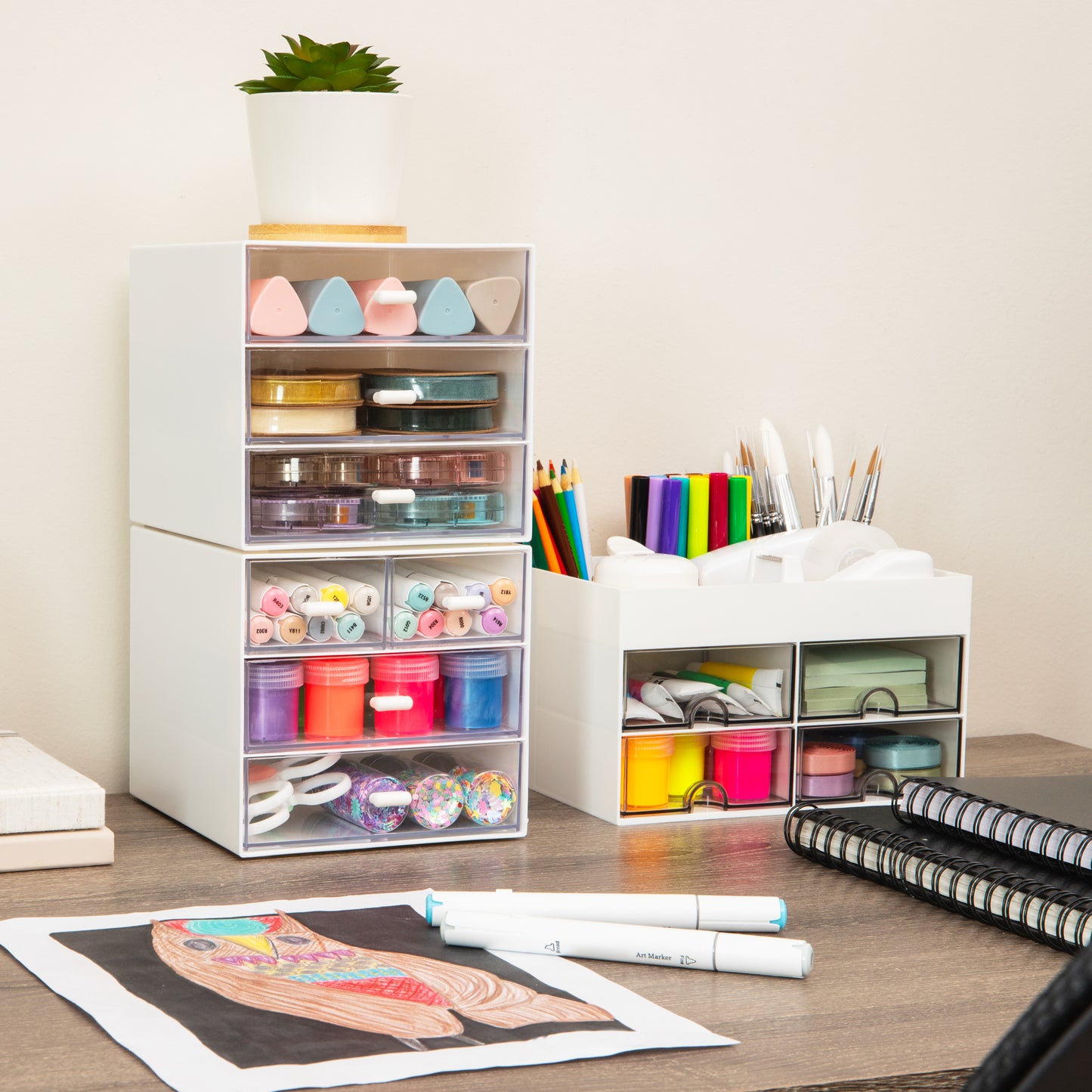 Mind Reader Stackable Craft Supply Organizer, 6 Drawer Desktop Storage with Clear Drawers, Plastic, Set of 2, White