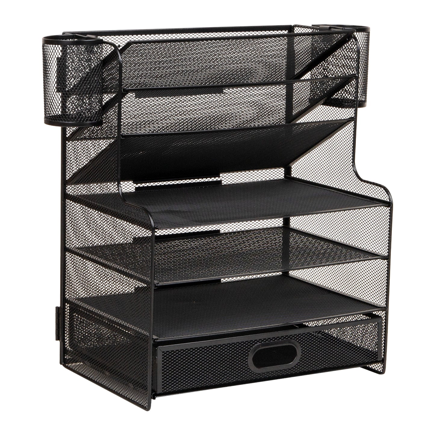Mind Reader Mesh Desk Organizer, 6 Compartments, 1 Drawer, 2 Pen Cups, Office Desktop Organizer, Metal Mesh, Black