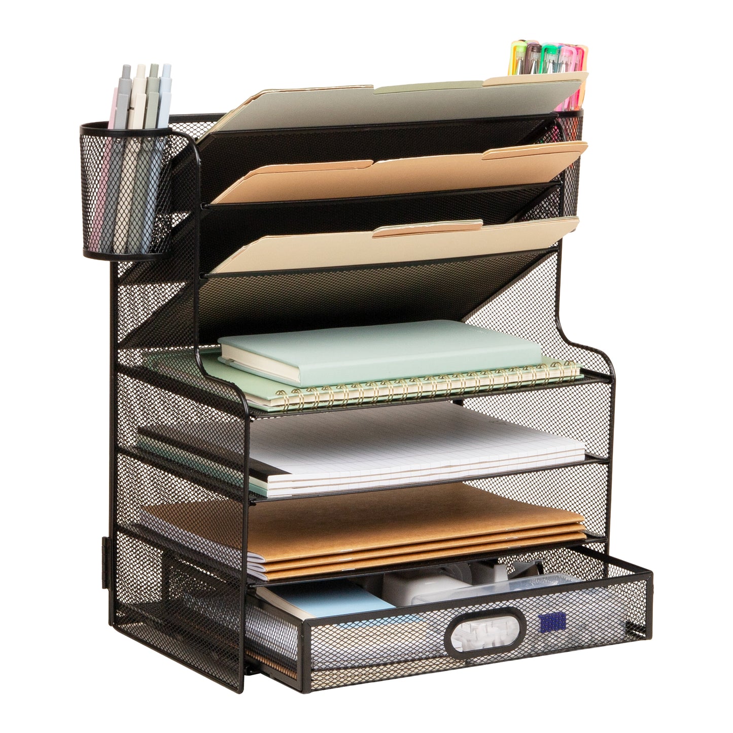 Mind Reader Mesh Desk Organizer, 6 Compartments, 1 Drawer, 2 Pen Cups, Office Desktop Organizer, Metal Mesh, Black