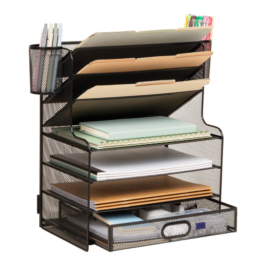 Mind Reader Mesh Desk Organizer, 6 Compartments, 1 Drawer, 2 Pen Cups, Office Desktop Organizer, Metal Mesh, Black