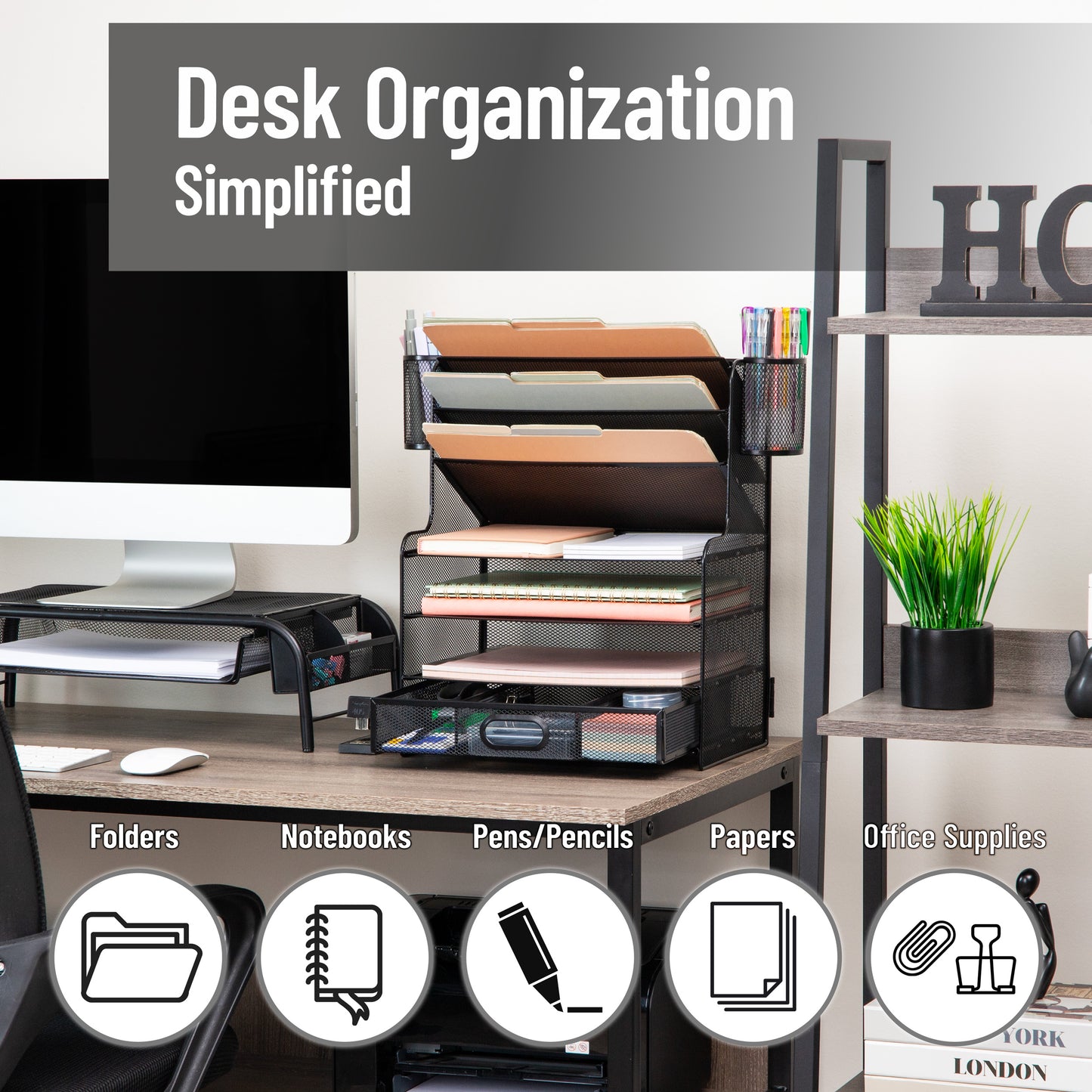 Mind Reader Mesh Desk Organizer, 6 Compartments, 1 Drawer, 2 Pen Cups, Office Desktop Organizer, Metal Mesh, Black