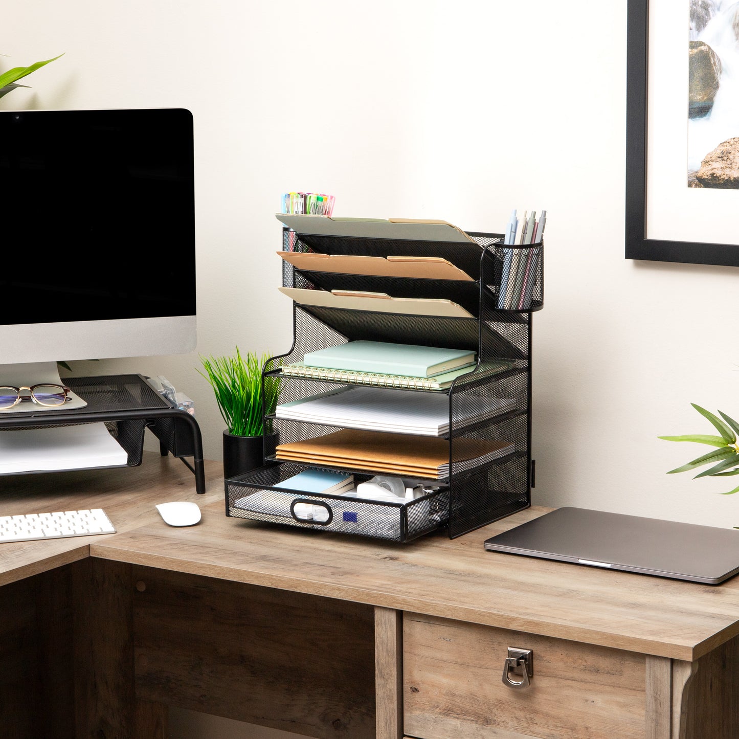 Mind Reader Mesh Desk Organizer, 6 Compartments, 1 Drawer, 2 Pen Cups, Office Desktop Organizer, Metal Mesh, Black