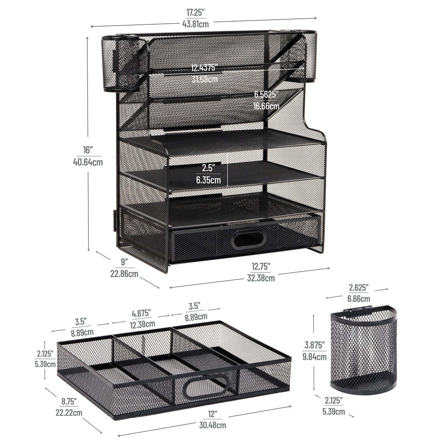 Mind Reader Mesh Desk Organizer, 6 Compartments, 1 Drawer, 2 Pen Cups, Office Desktop Organizer, Metal Mesh, Black