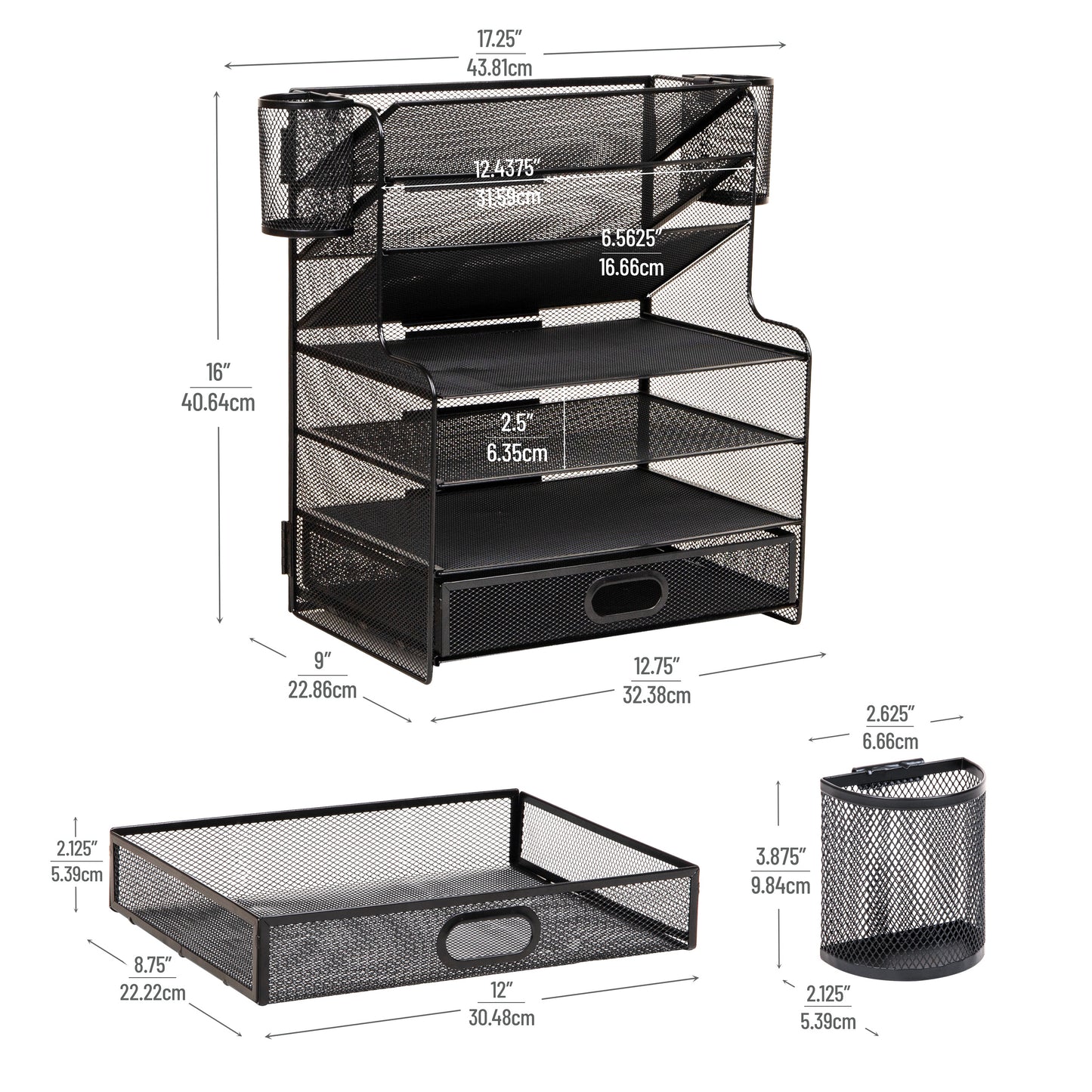 Mind Reader Mesh Desk Organizer, 6 Compartments, 1 Drawer, 2 Pen Cups, Office Desktop Organizer, Metal Mesh, Black