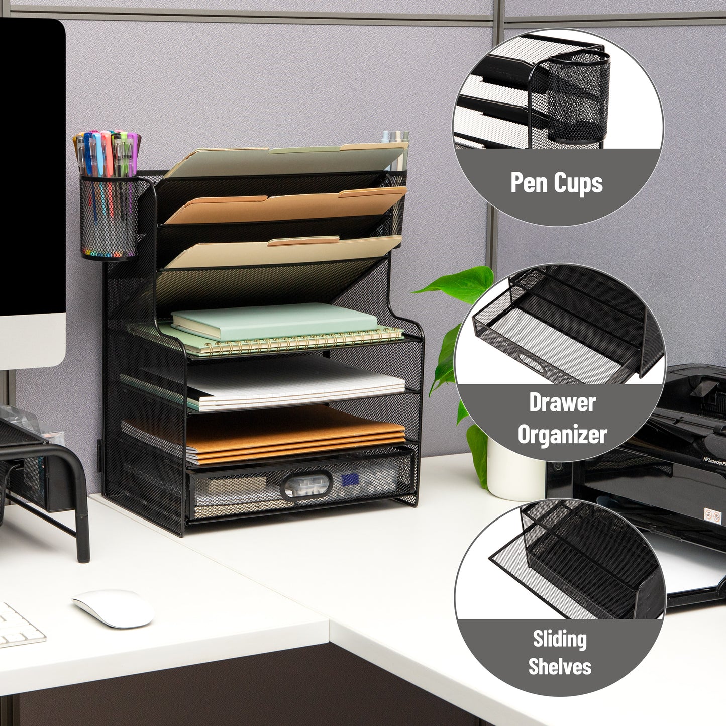 Mind Reader Mesh Desk Organizer, 6 Compartments, 1 Drawer, 2 Pen Cups, Office Desktop Organizer, Metal Mesh, Black