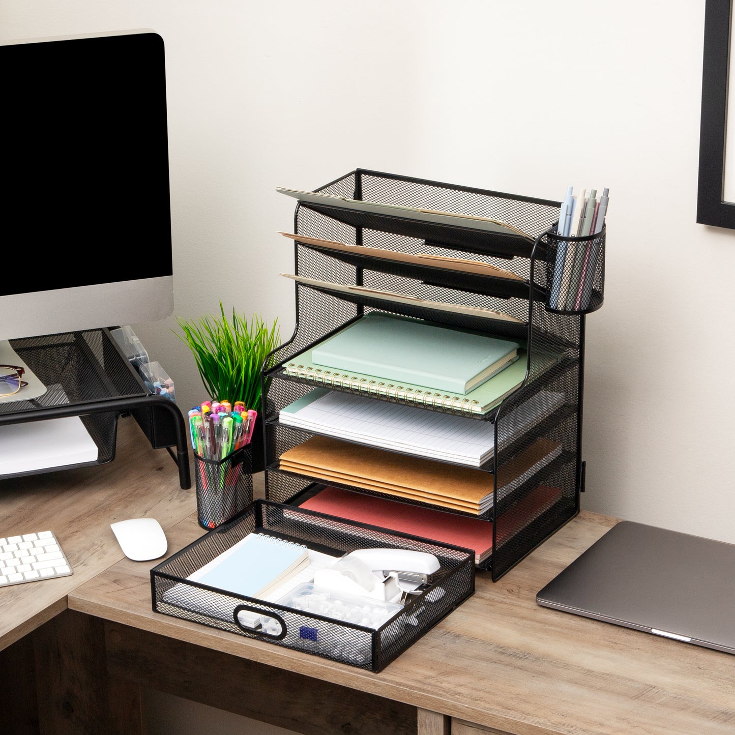 Mind Reader Mesh Desk Organizer, 6 Compartments, 1 Drawer, 2 Pen Cups, Office Desktop Organizer, Metal Mesh, Black