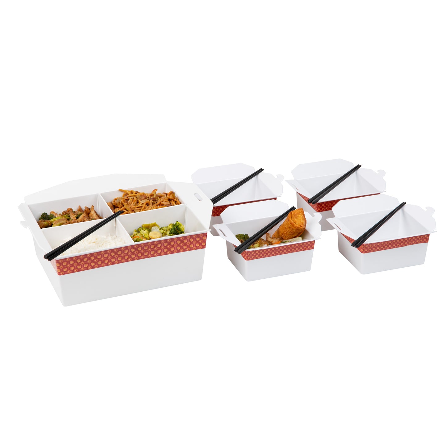 Mind Reader Chinese Take Out Serving Set, Divided Serving Tray, 4 Bowls, Melamine, 15"L x 13"W x 5.5"H, 5 pcs, White