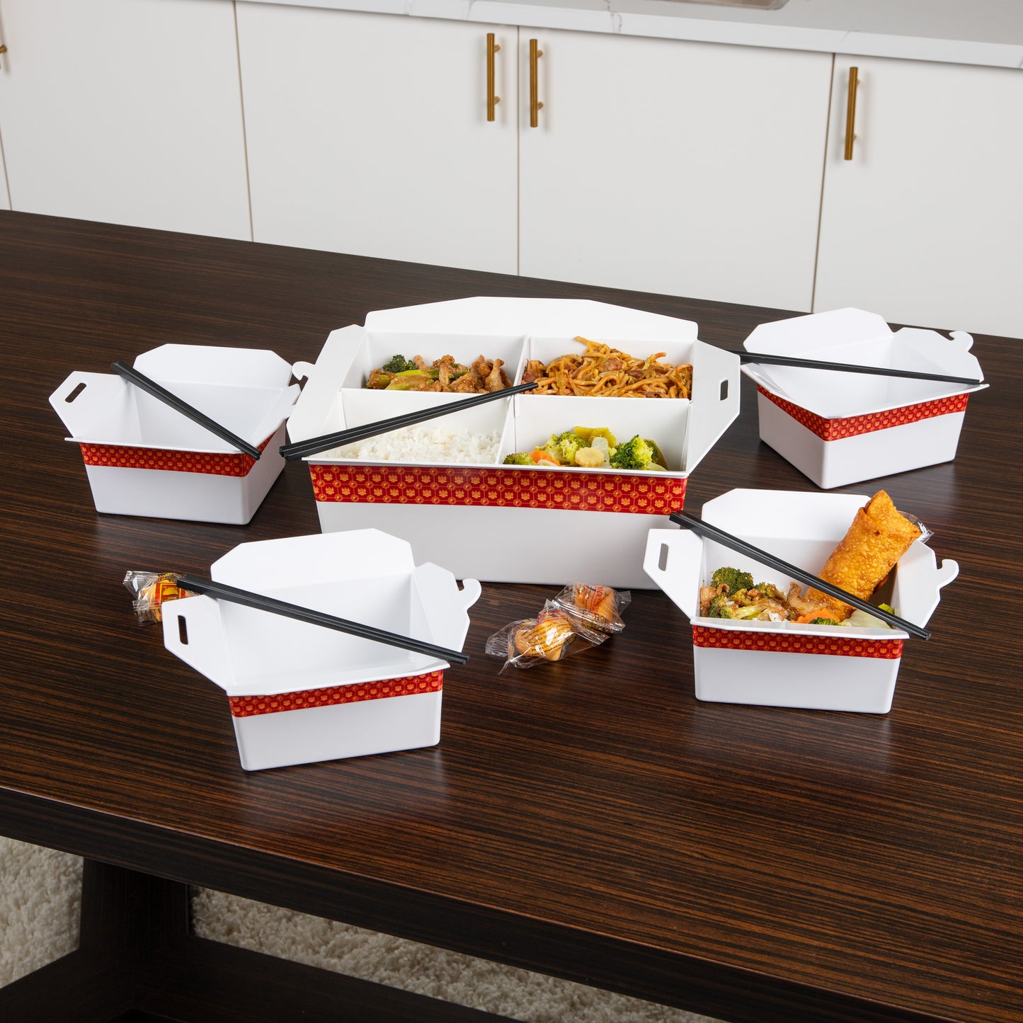 Mind Reader Bon Appetit Collection, Chinese Take Out Serving Set, 5 Piece Set includes Divided Serving Tray and Four Individual Bowls, Melamine, White