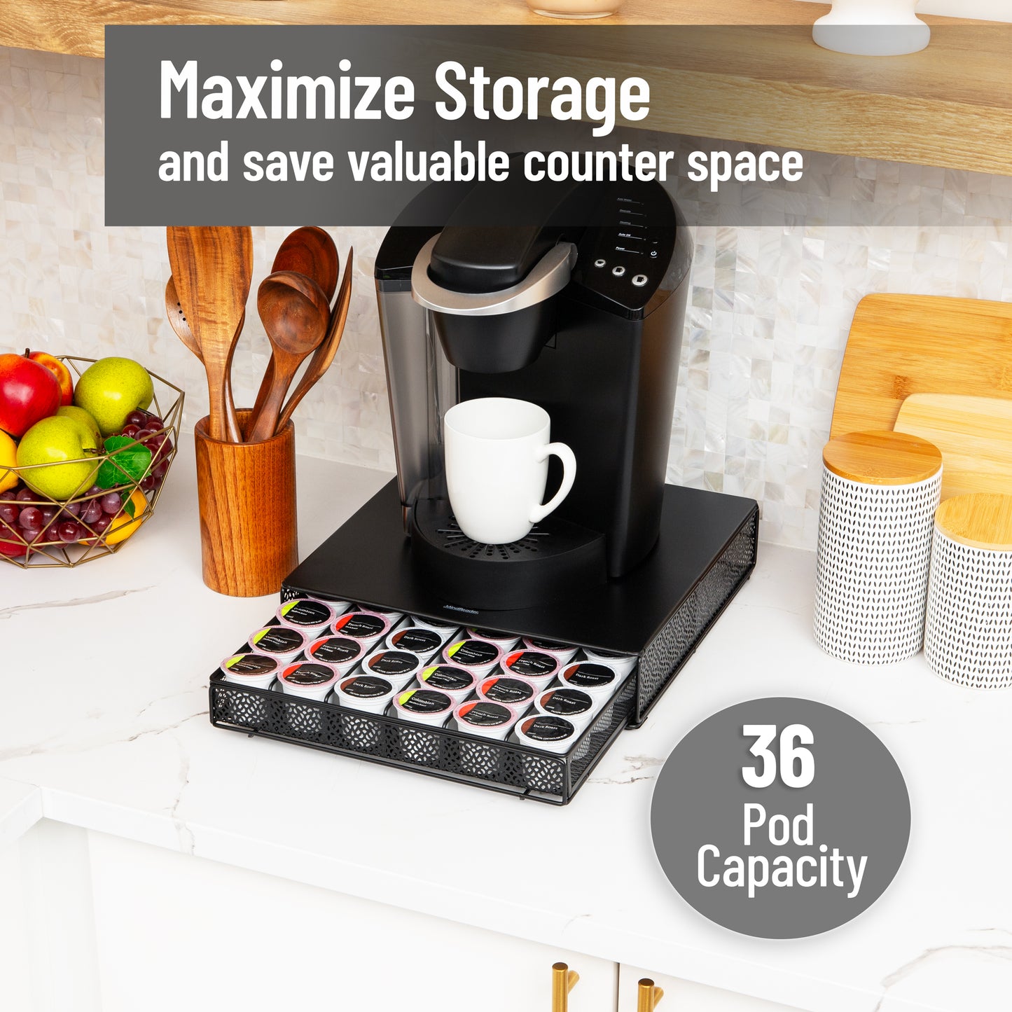 Mind Reader Single Serve Coffee Pod Drawer, 36 Pod Capacity, Countertop Organizer, Removable Dividers, Metal, Black