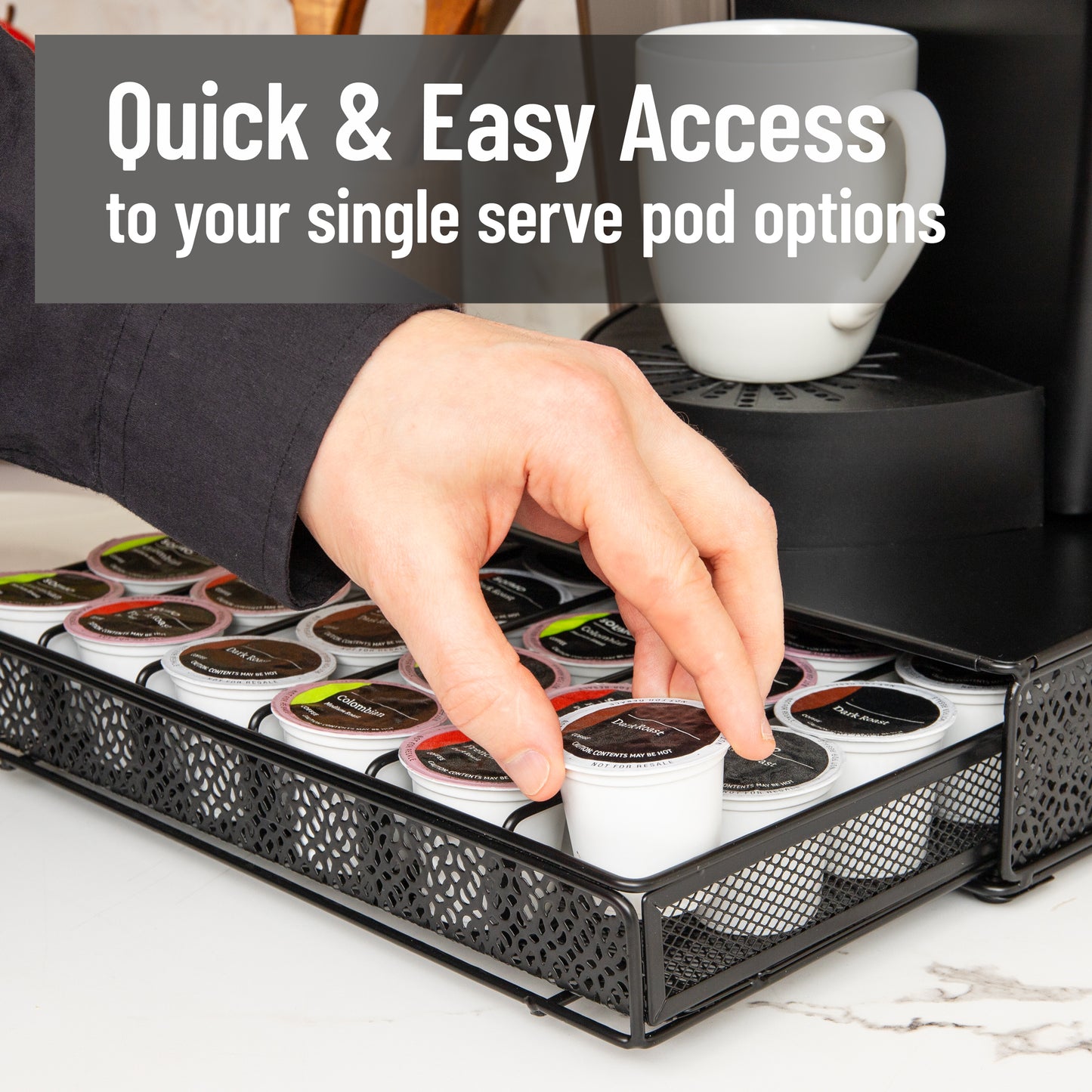 Mind Reader Single Serve Coffee Pod Drawer, 36 Pod Capacity, Countertop Organizer, Removable Dividers, Metal, Black